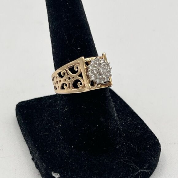 VINTAGE 14K YELLOW GOLD 20 DIAMOND CLUSTER RING FILIGREE SIZE 6 - Picture 2 of 9